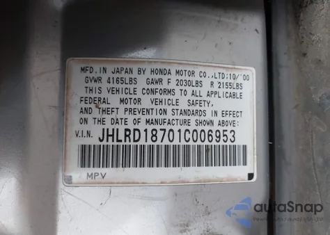 2001 Honda Cr-V Special Edition from USA, damaged, VIN JHLRD18701C006953